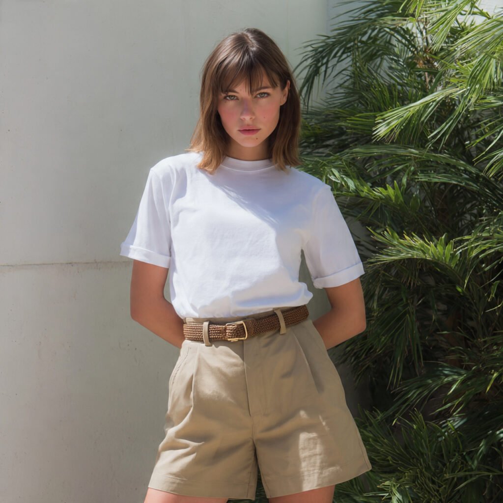 white tee a line shorts woven