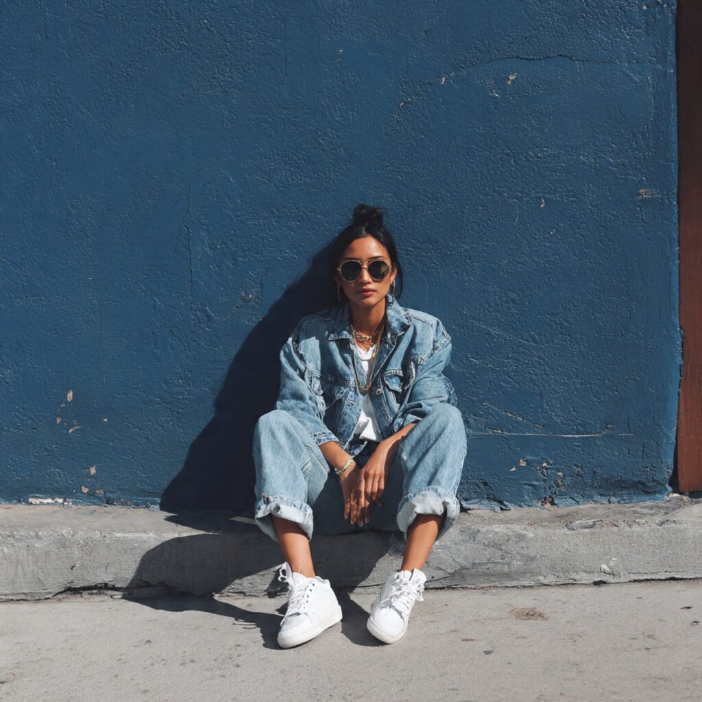 women realistic image on denim on denim clean