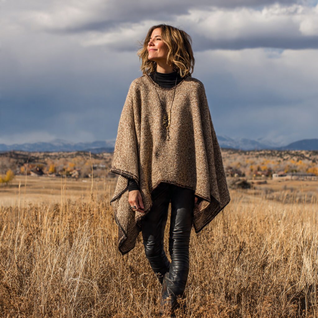 wool poncho with skinny leather pants with
