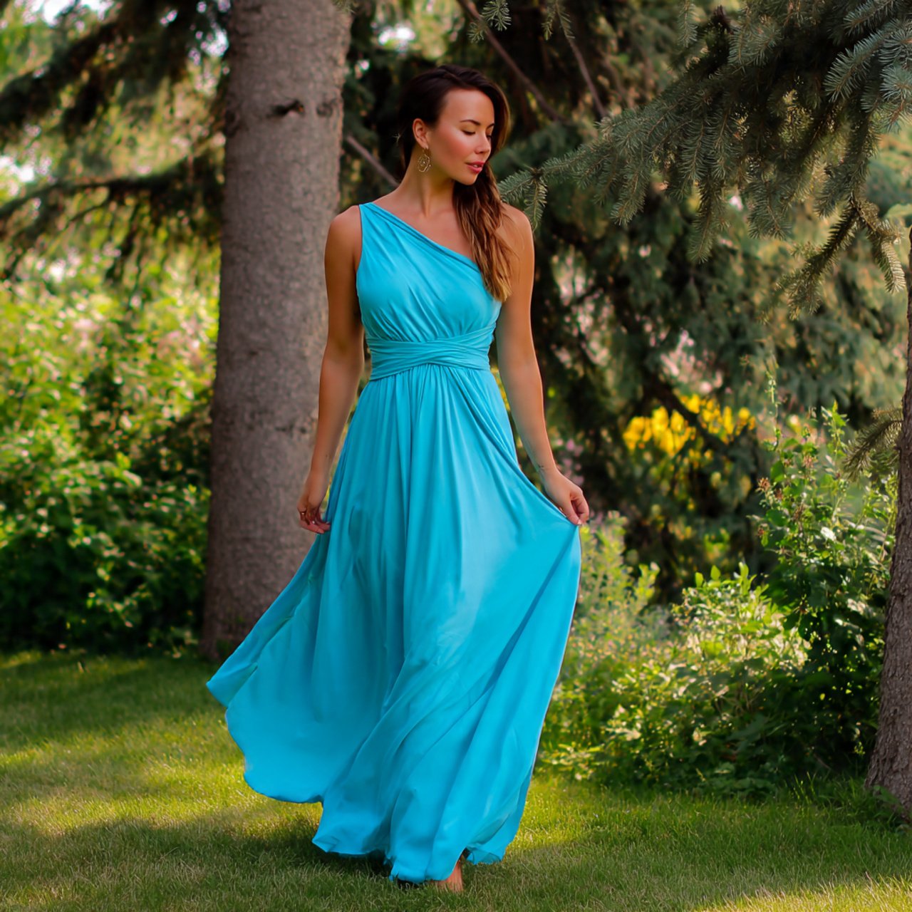 aqua blue one shoulder maxi dress wth cozy backgro