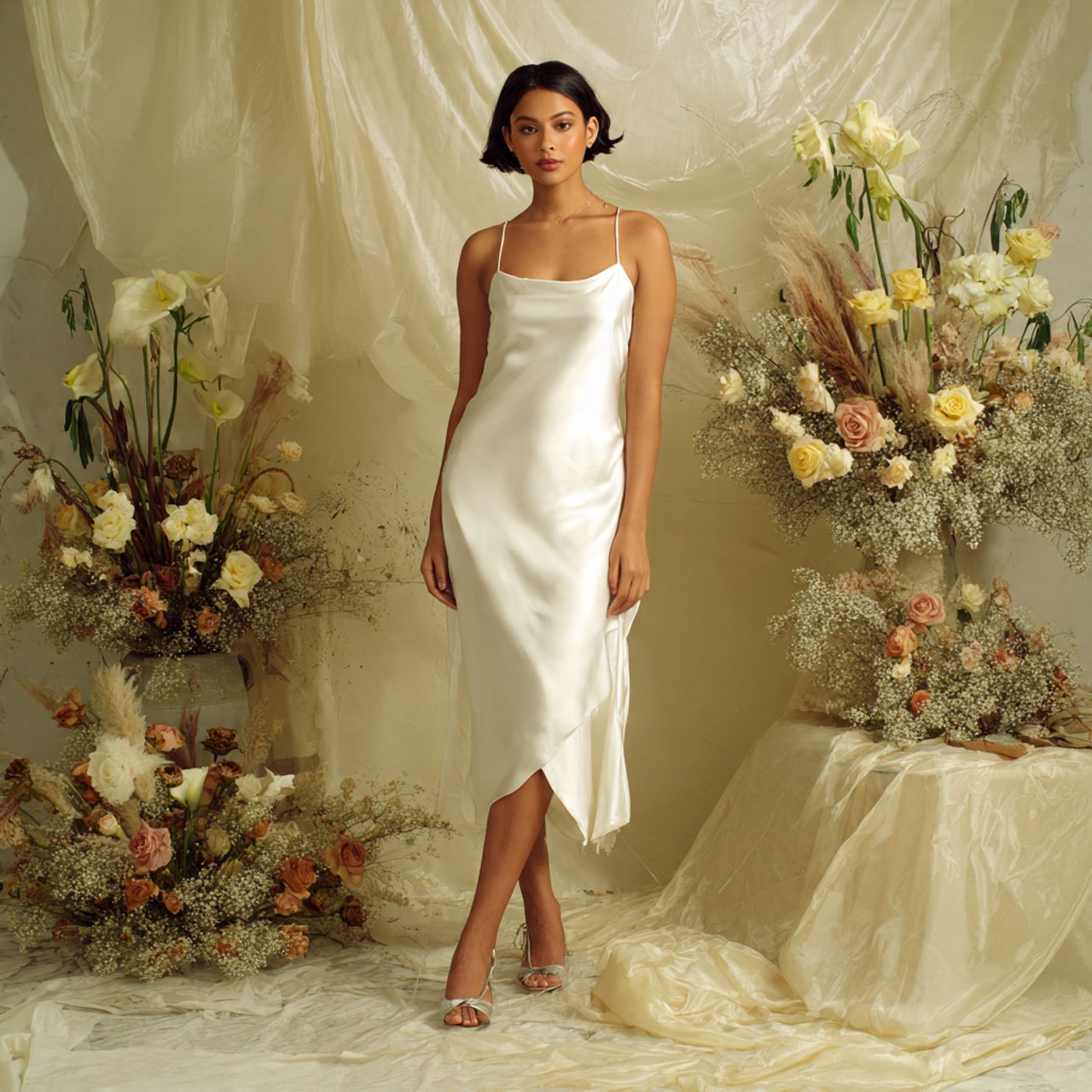 bias cut slip midi with matte satin with wedding b