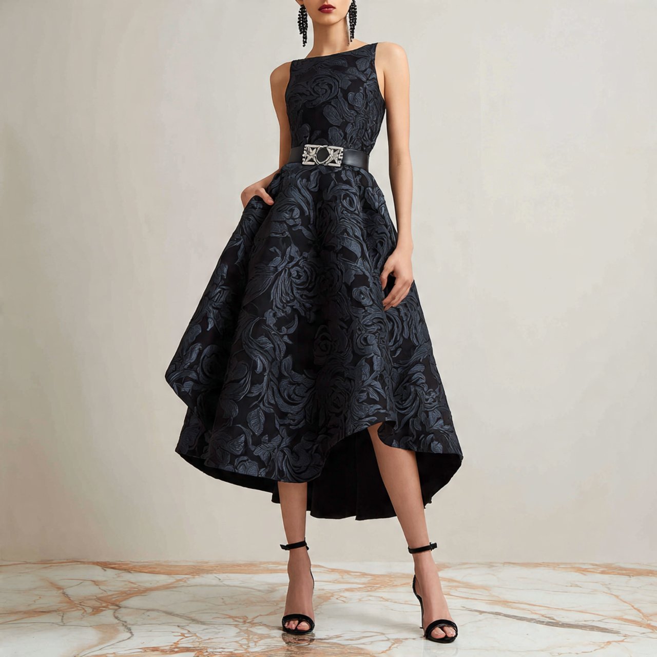 black jacquard fit and flare midi dress with attra