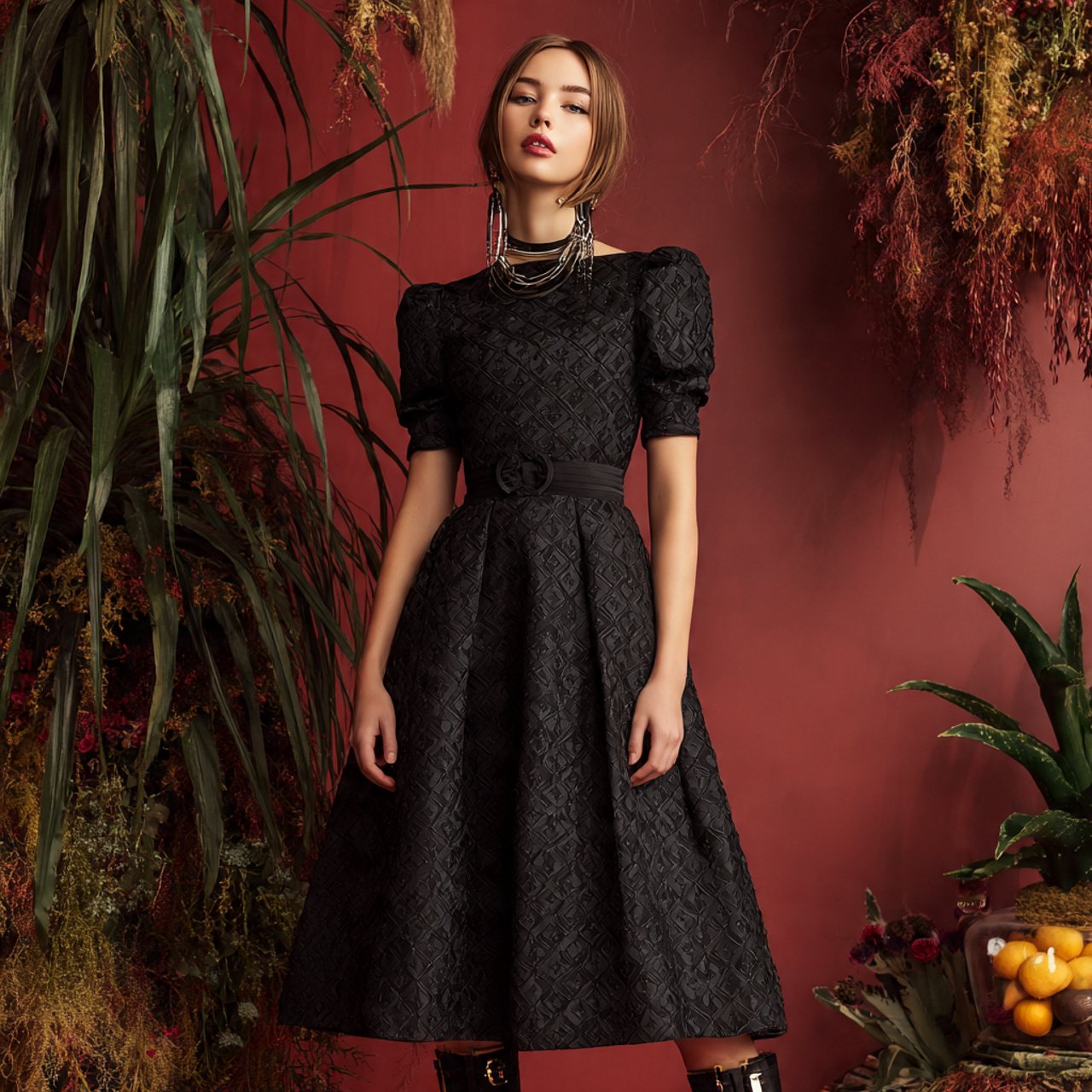 black jacquard fit and flare midi dress with cozyb