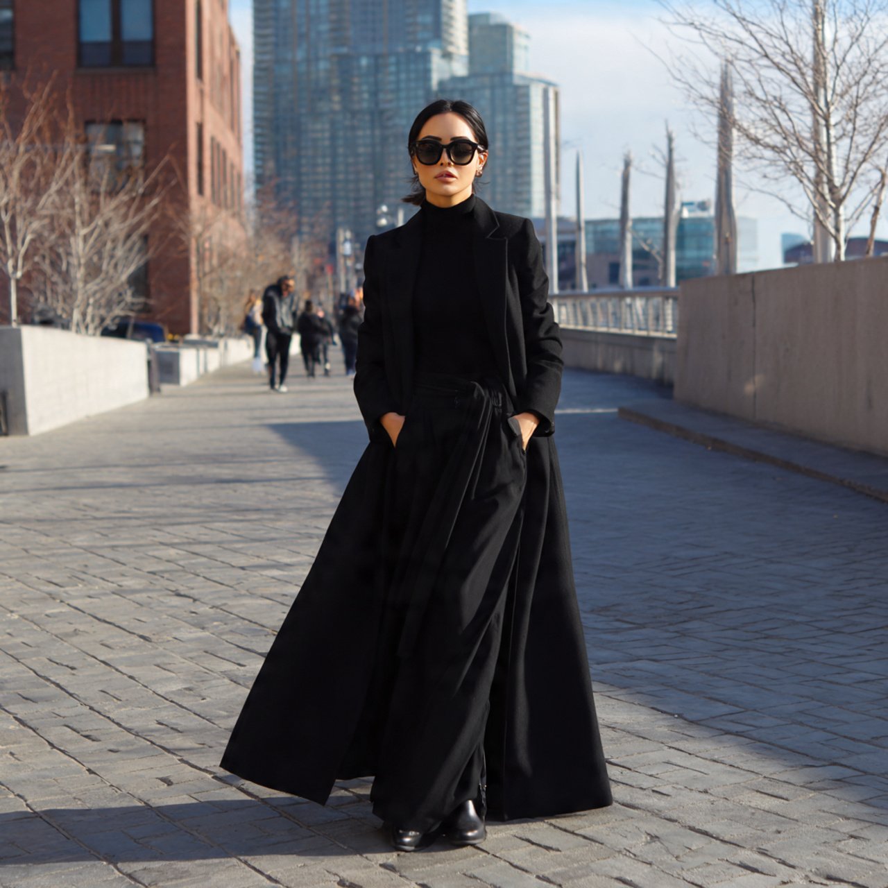 black maxi coat tailored basics sunglasses