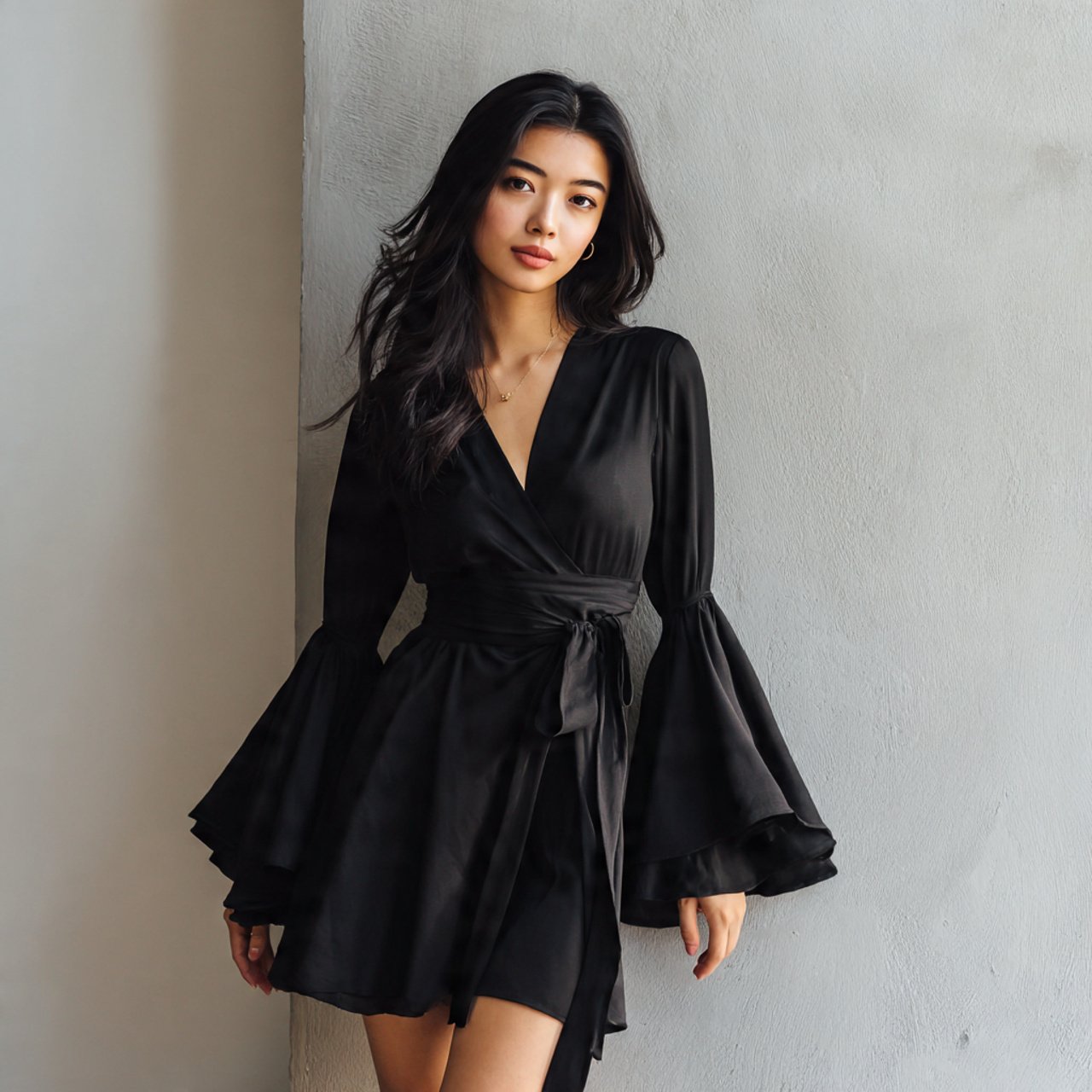 black silk wrap dress with bell sleeves cozy backg