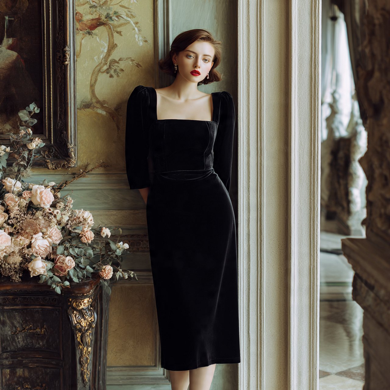 black velvet midi dress with square neckline with