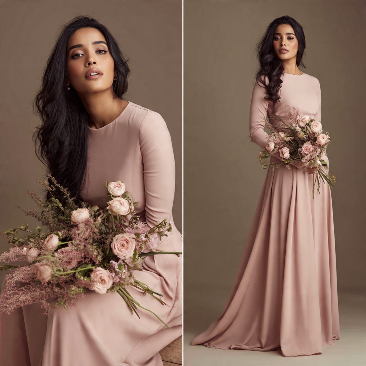 blush crepe a line dress with long sleeves with co