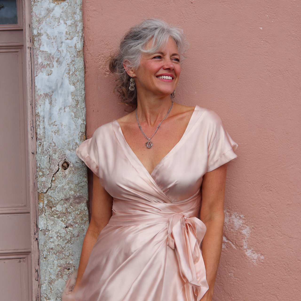 blush pink silk wrap dress