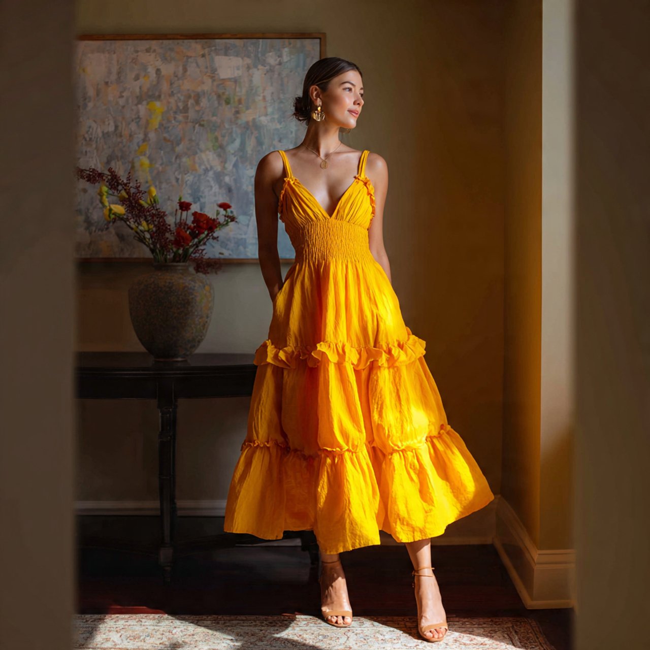 bright yellow sundress with tiered skirt