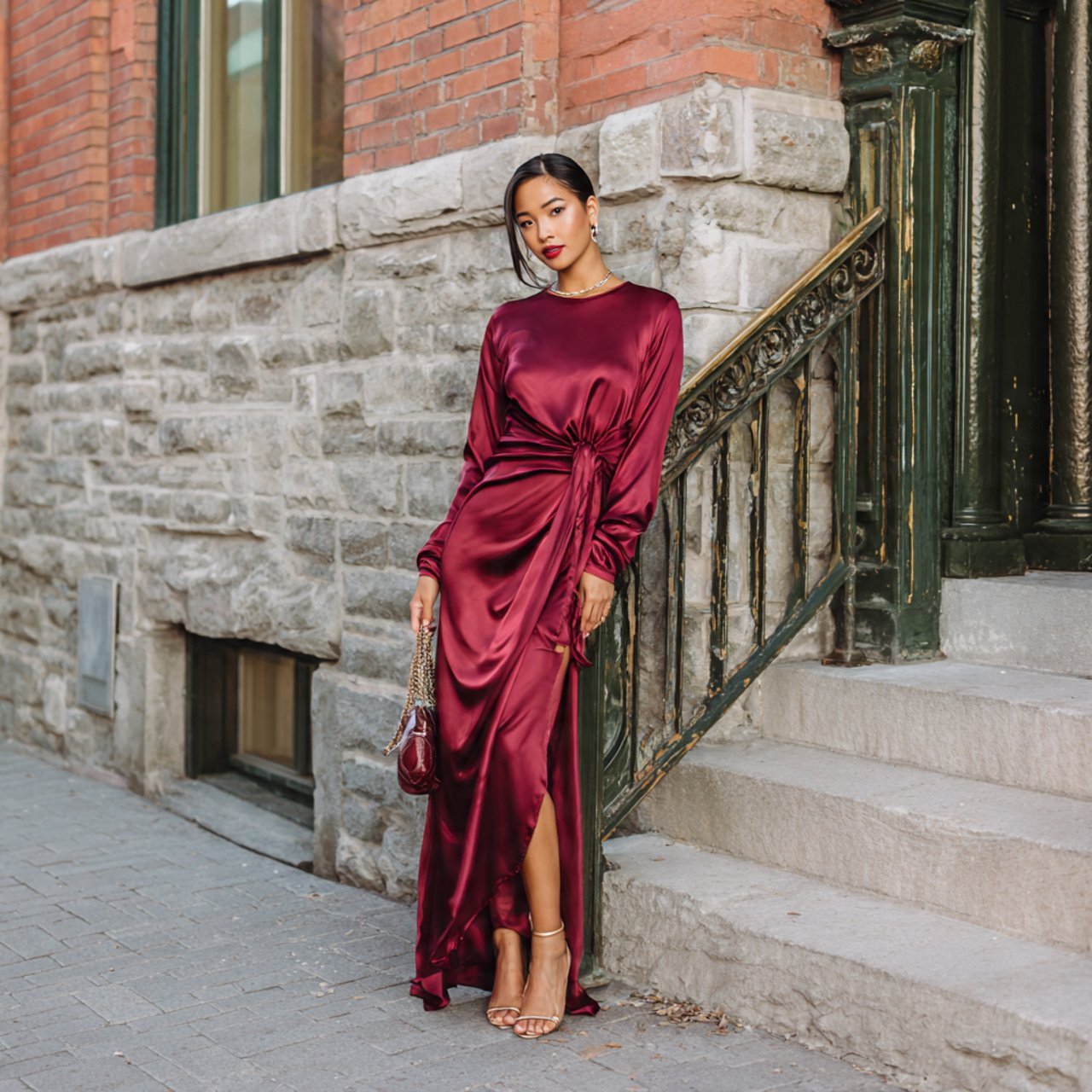 burgundy satin long sleeve column dress