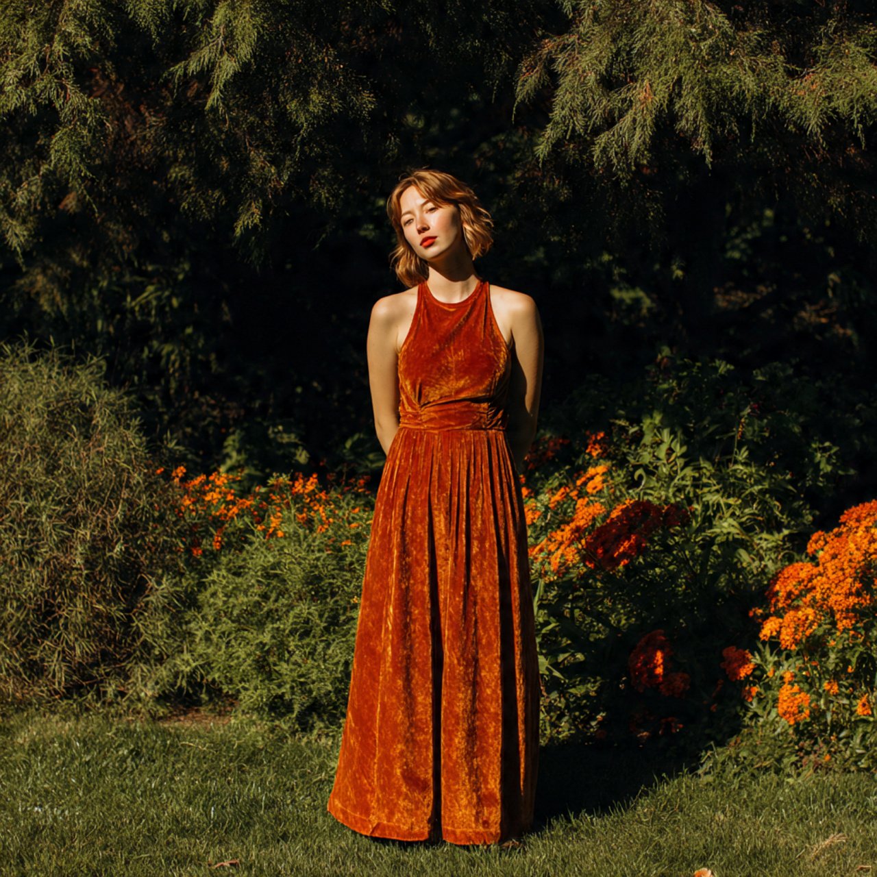 burnt orange velvet maxi dress with cozy backgroun