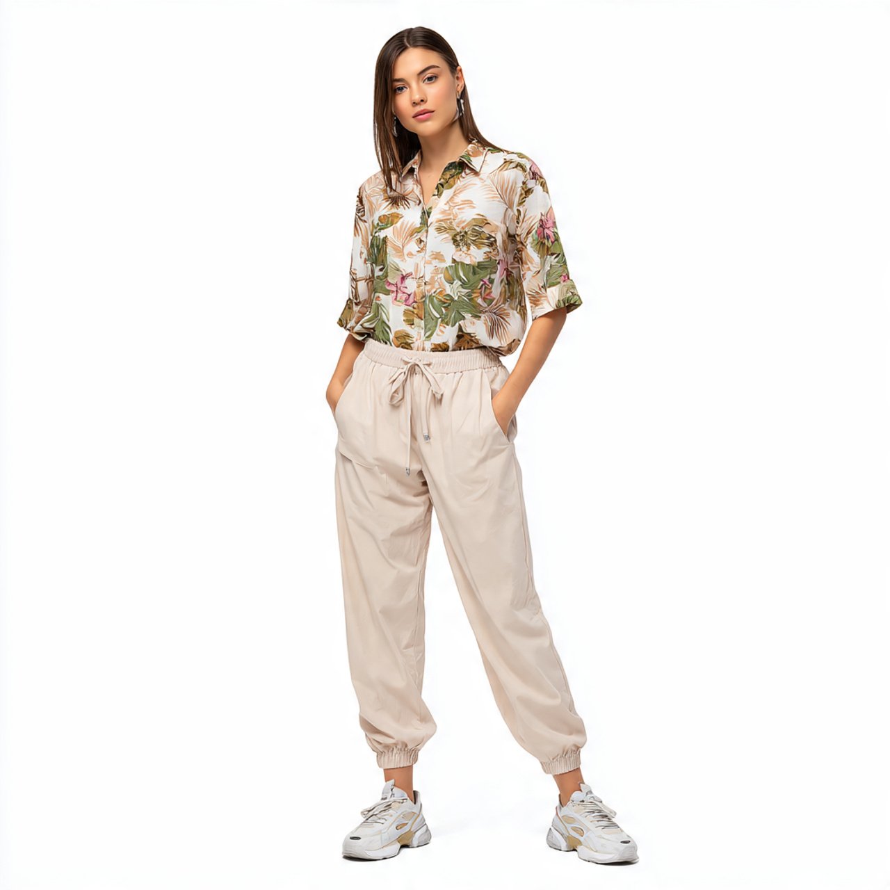 button down shirt jogger pants for woman