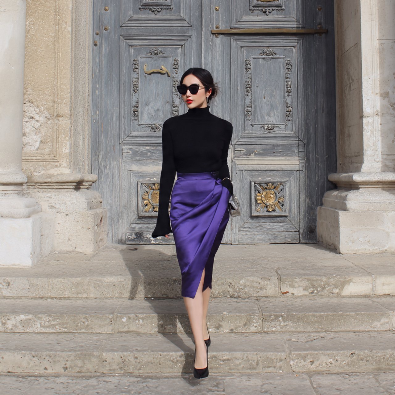 cashmere knit with satin midi skirt