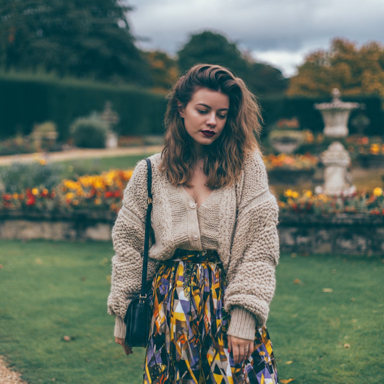 chunky knit cardigan printed maxi skirt