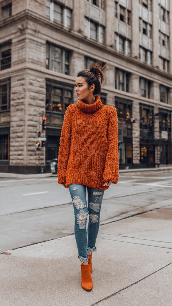 chunky turtleneck sweater with skinny jeans
