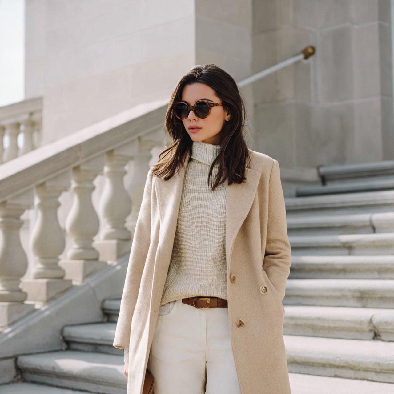 classic wool coat over neutral layers