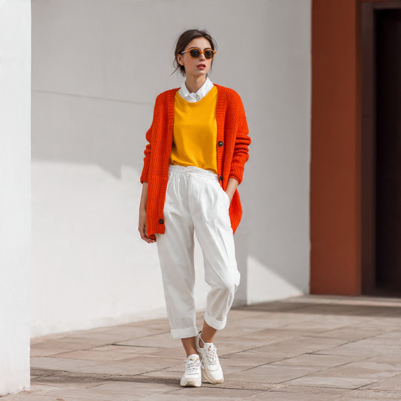 color pop cardigan neutral base clean sneakers wom