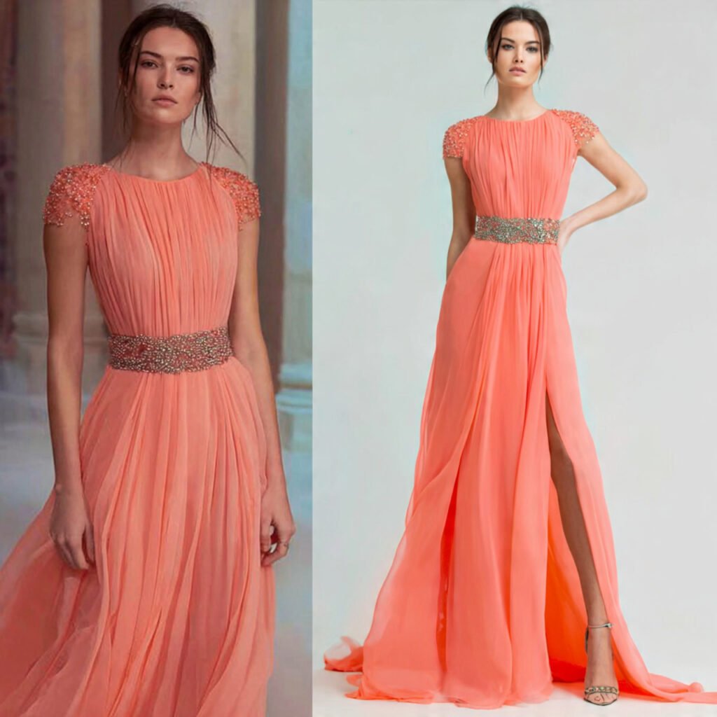 coral chiffon dress with beaded waist