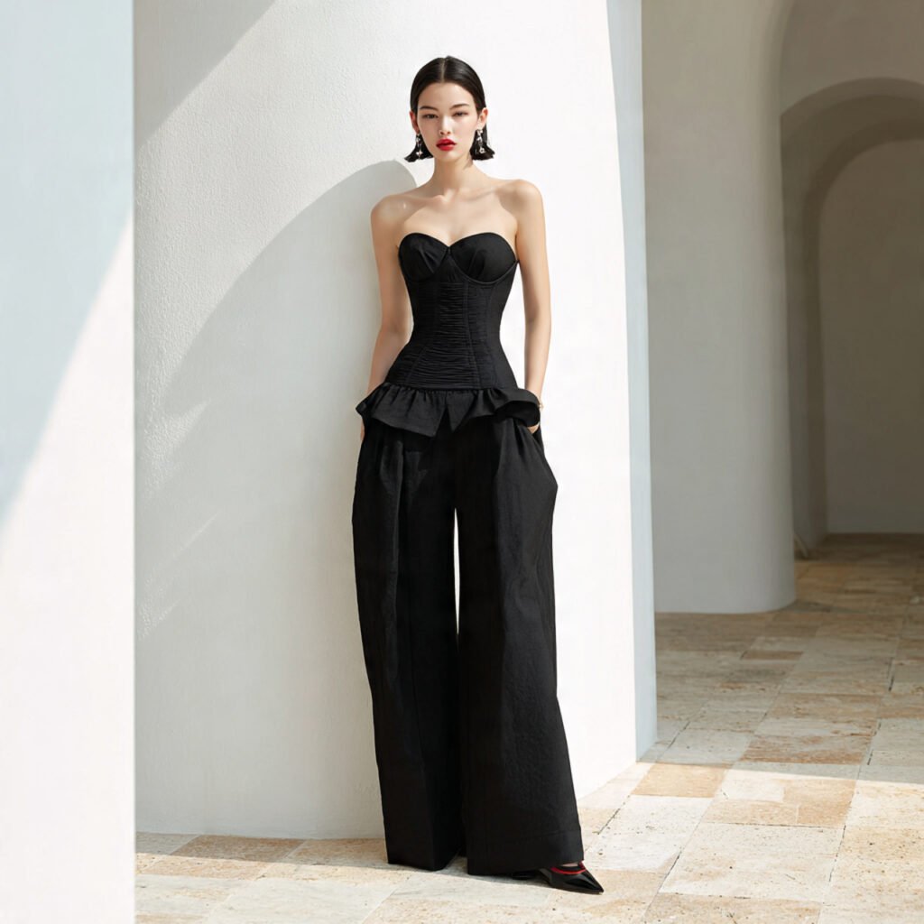 corset seam top wide leg trousers