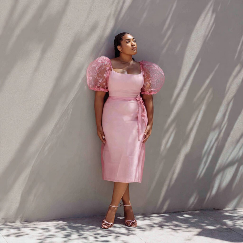 create a plus size woman image wearing organza puf