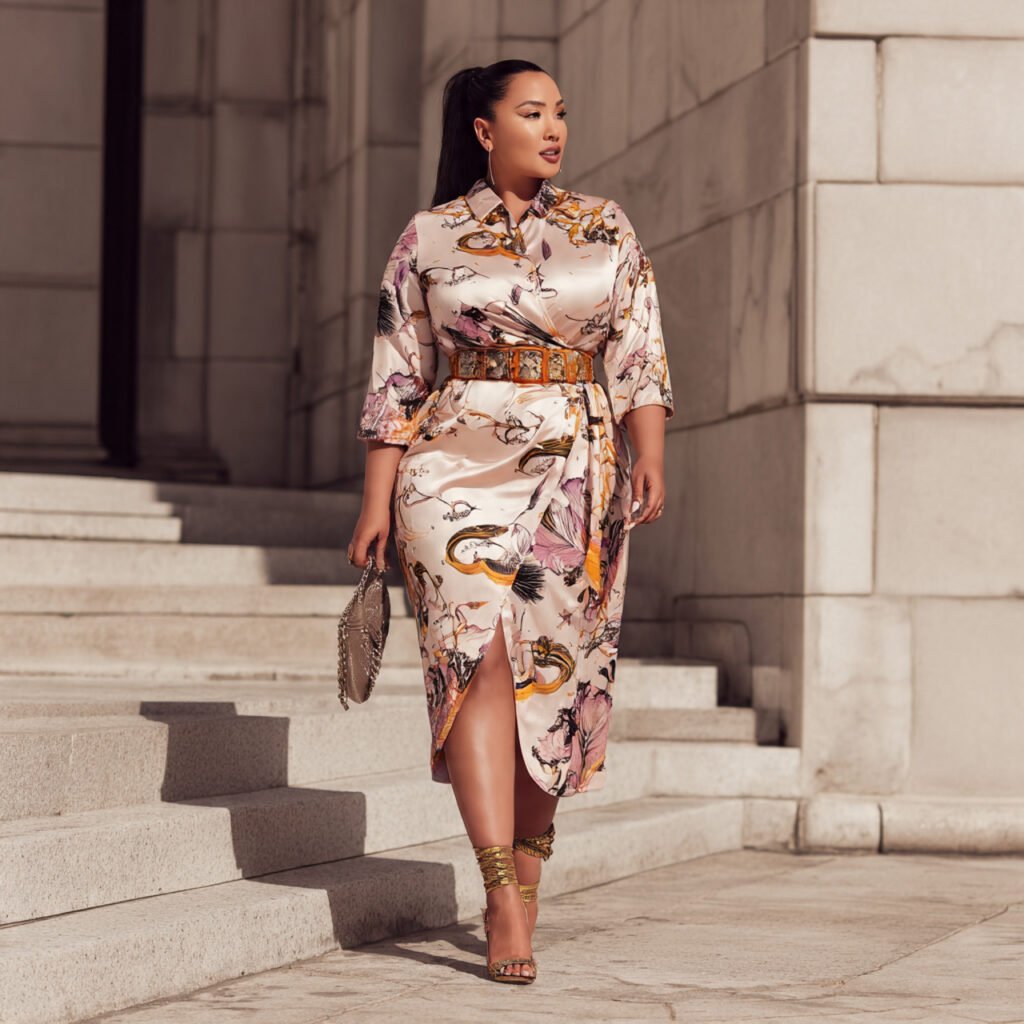 create a plus size woman image wearing printed sat