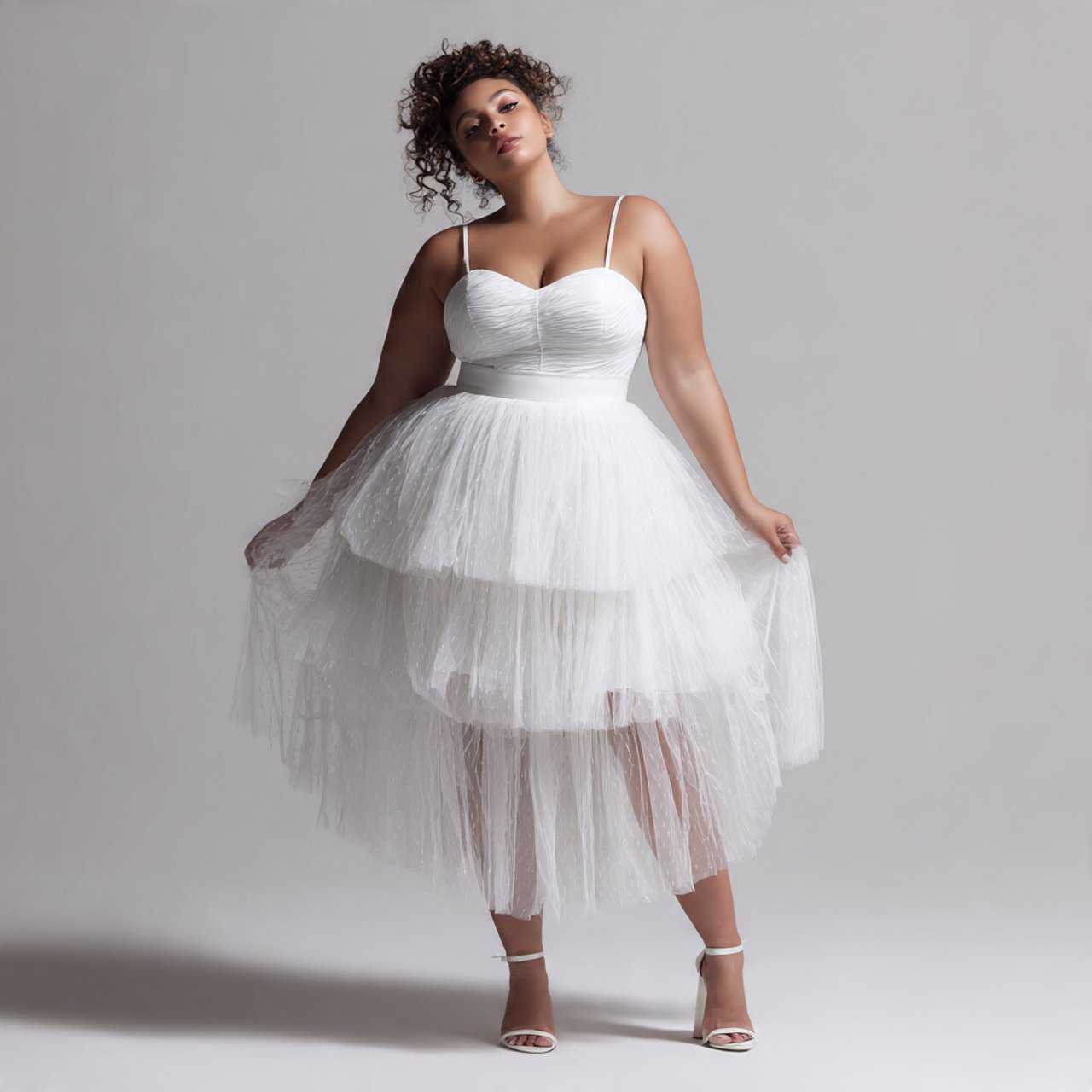 create a plus size woman image wearing tulle overl