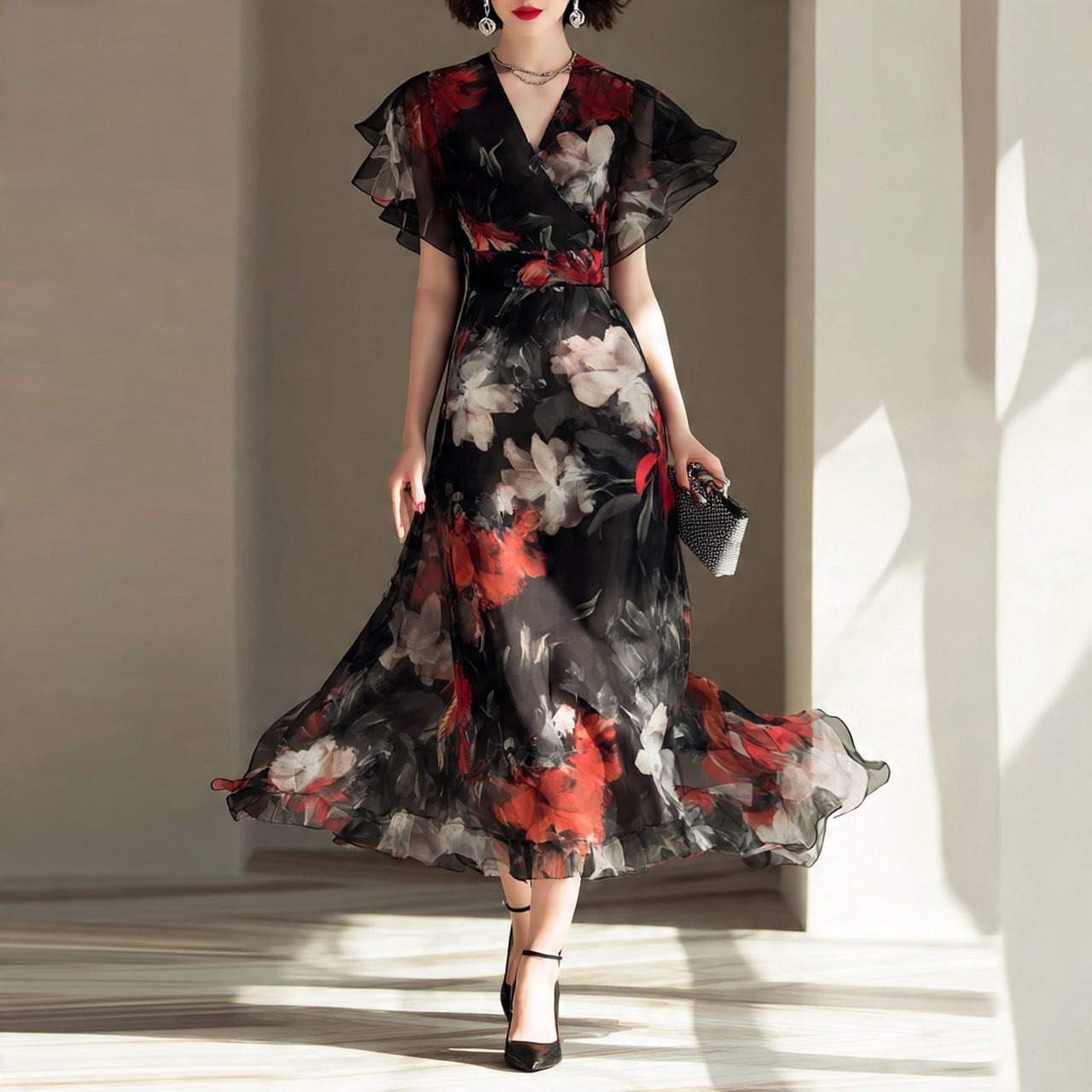 create a semi formal woman image wearing lined chi