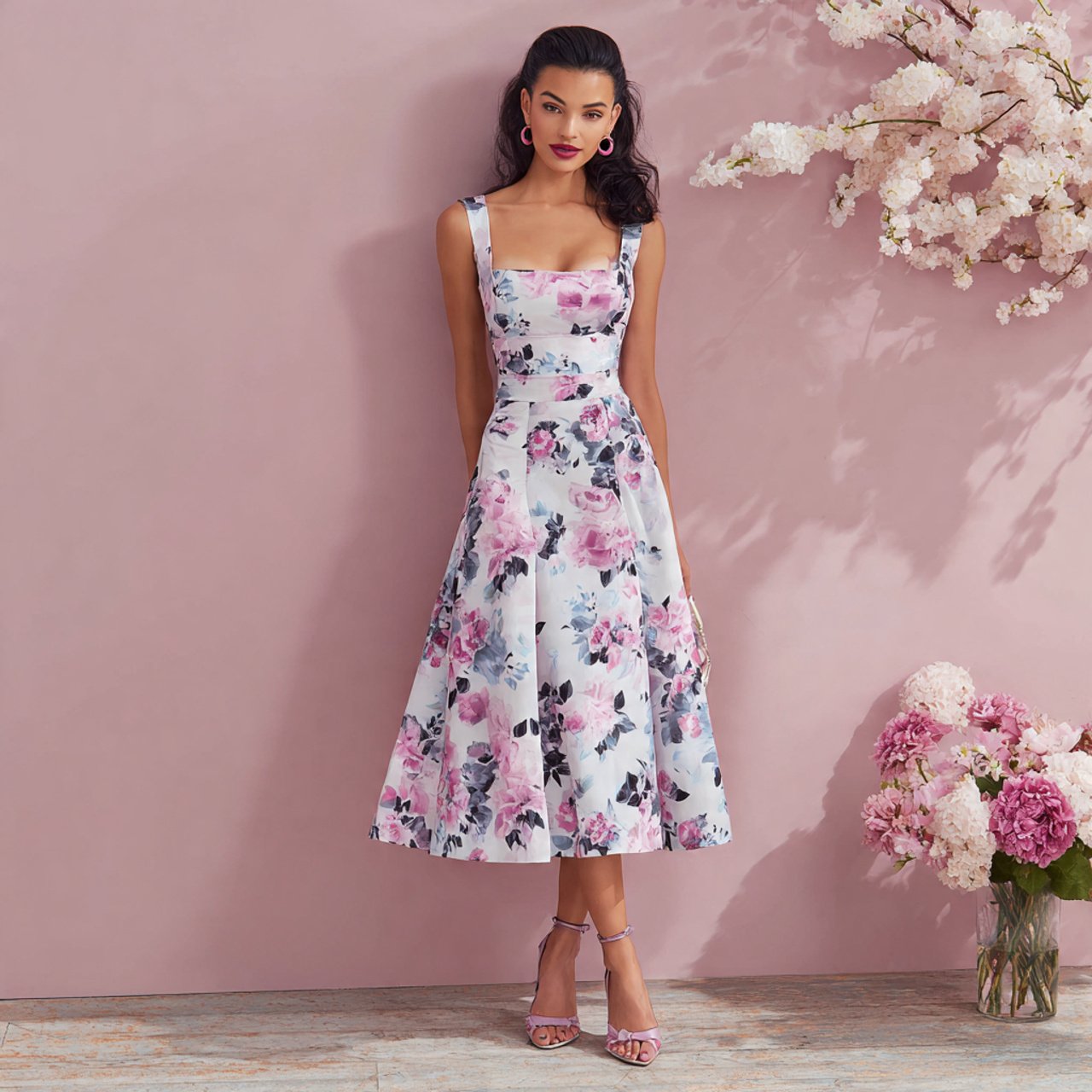 create a semi formal woman image wearing square ne