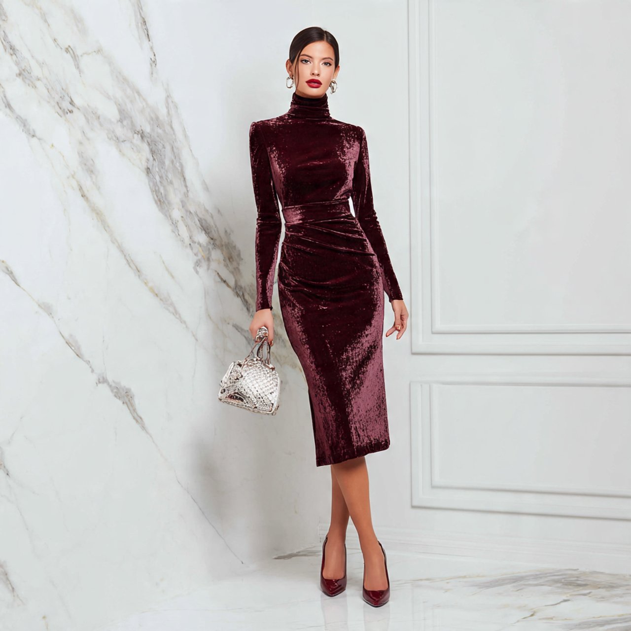 create a semi formal woman image wearing stretch v