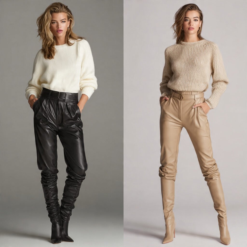 create a single woman image wearing leather pants