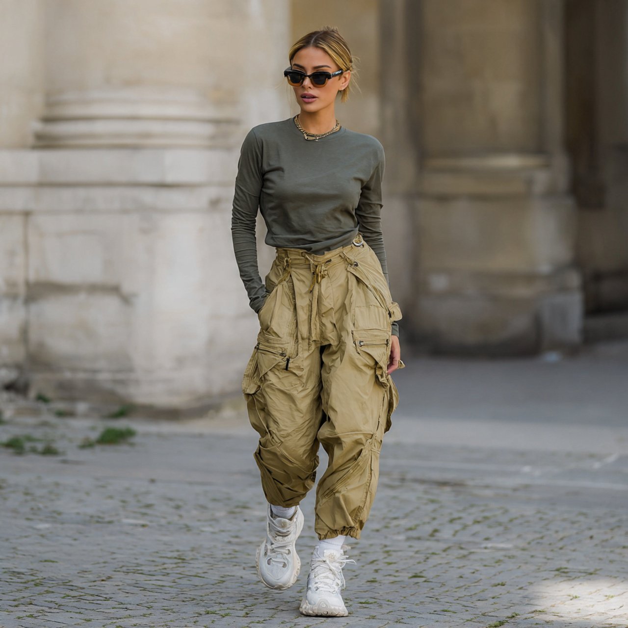 create a woman image cargo pants fitted long sleev