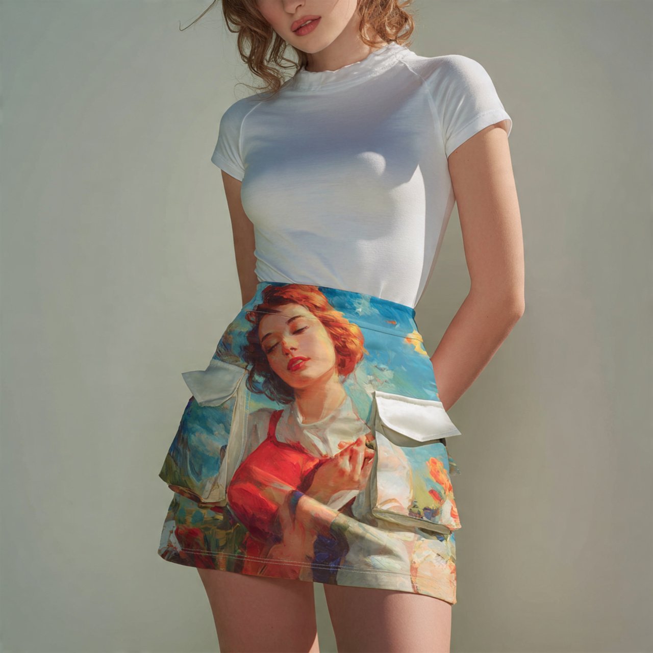 create a woman image on cargo mini skirt clean bab