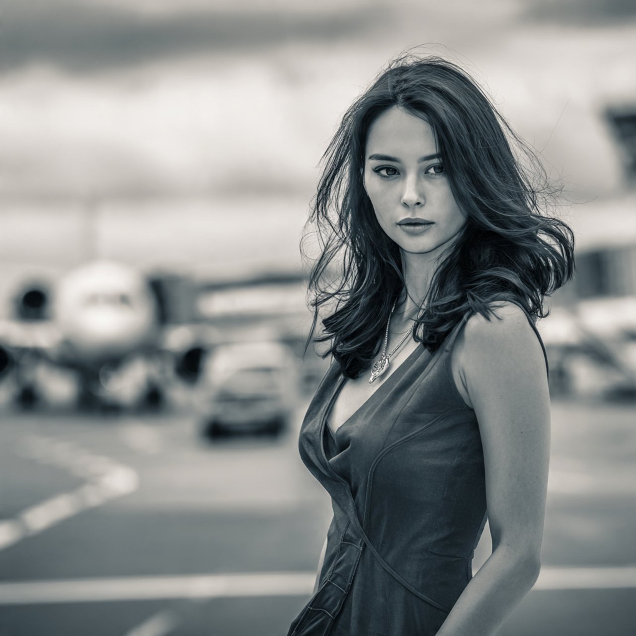 create a woman image on jet set monochrome airport