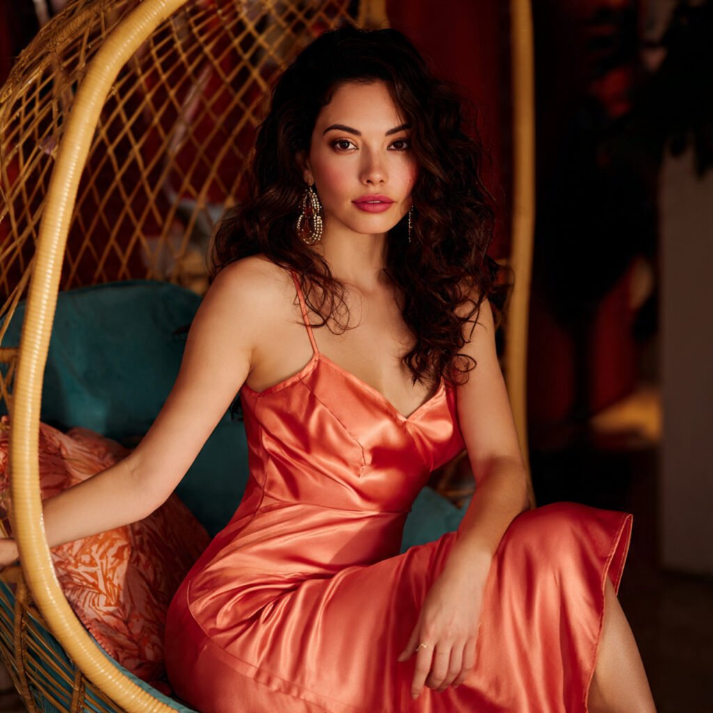 create a woman image wearing a coral satin shift d