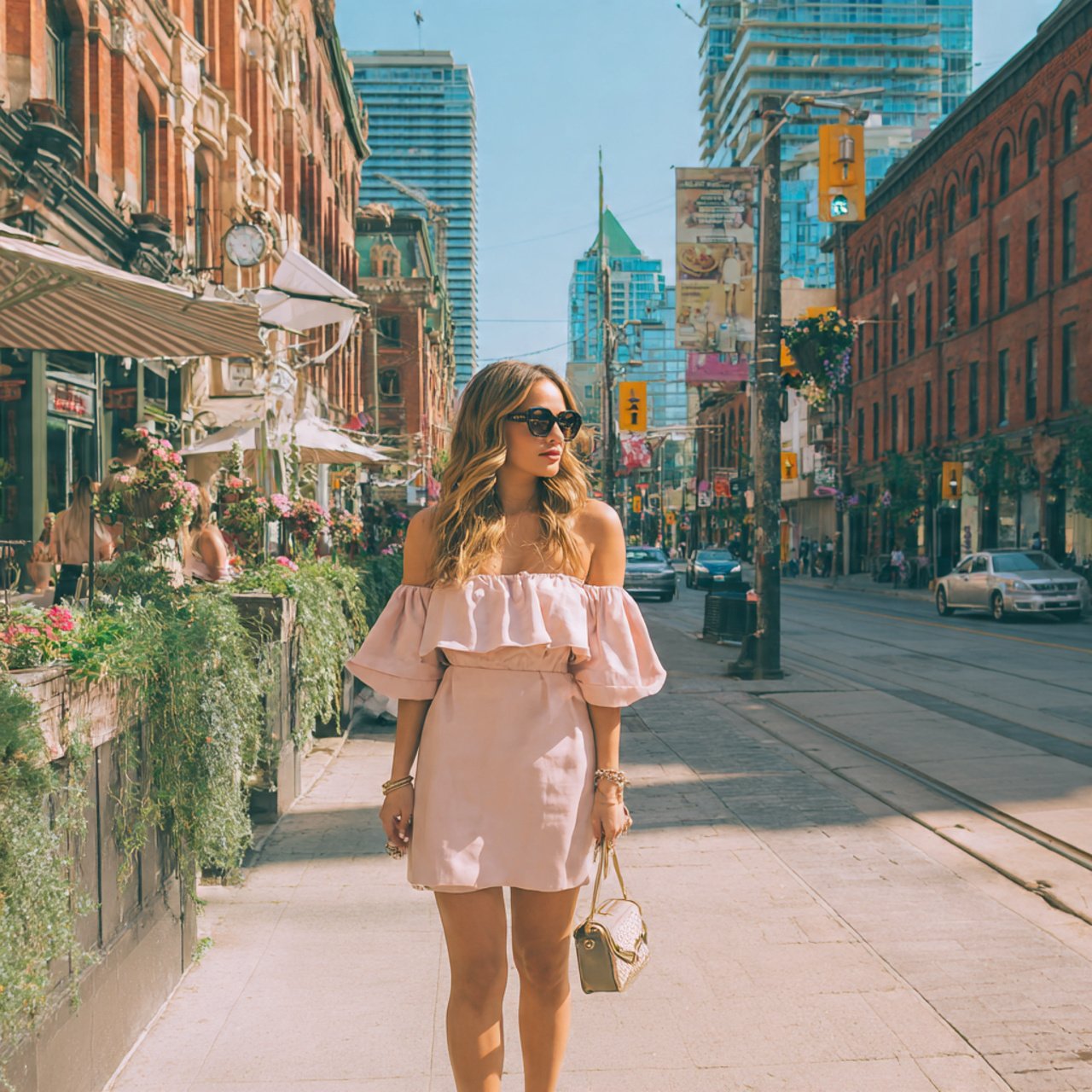 create a woman image wearing blush pink off the sh