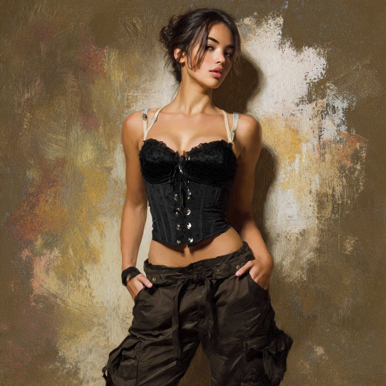 create a woman image wearing cargo pants corset st 1