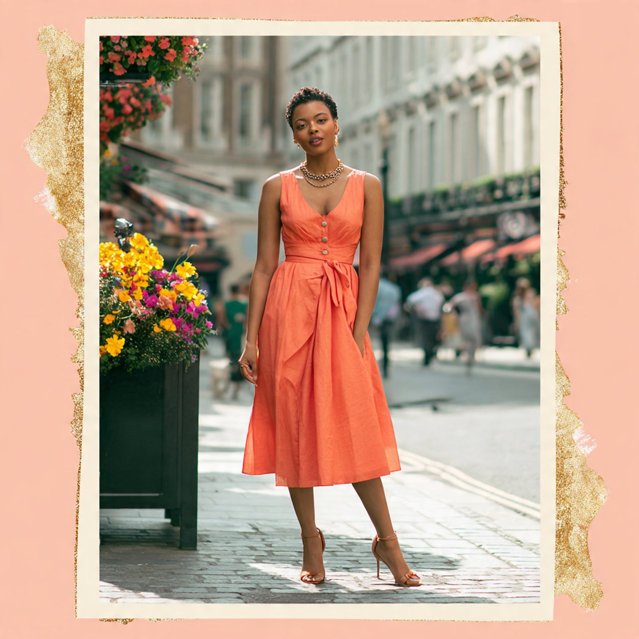 create a woman image wearing coral fit and flare m