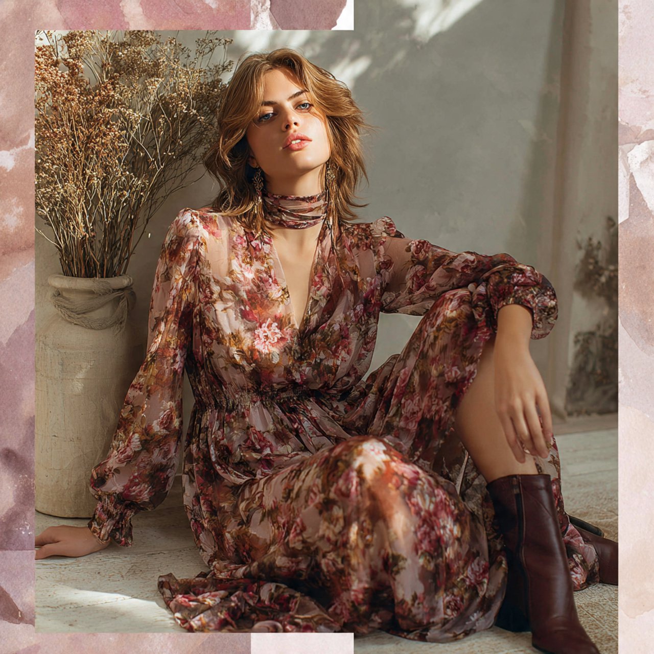 create a woman image wearing floral chiffon midi d