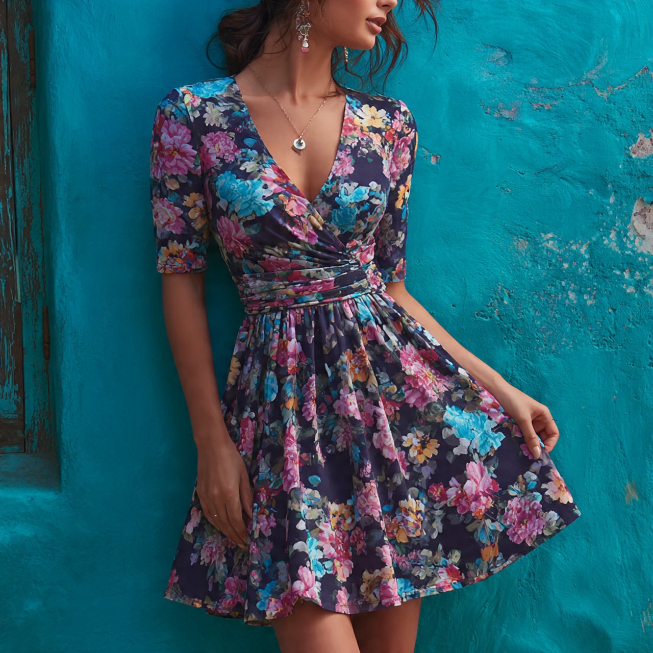 create a woman image wearing floral print fit and