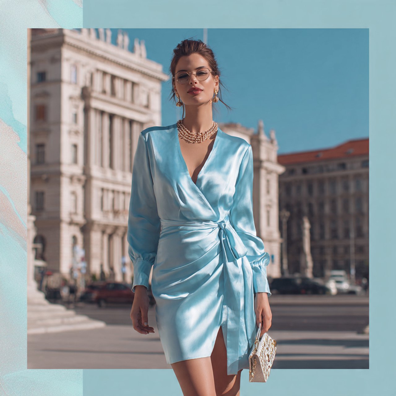 create a woman image wearing light blue satin wrap
