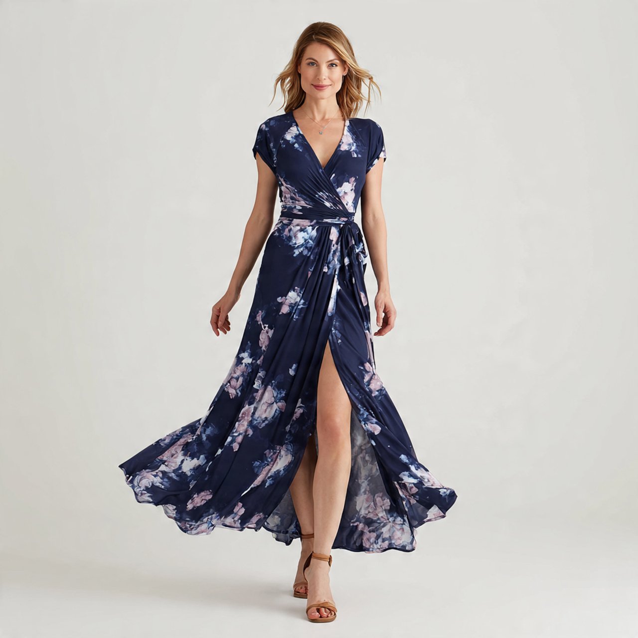 create a woman image wearing maxi wrap dress in na