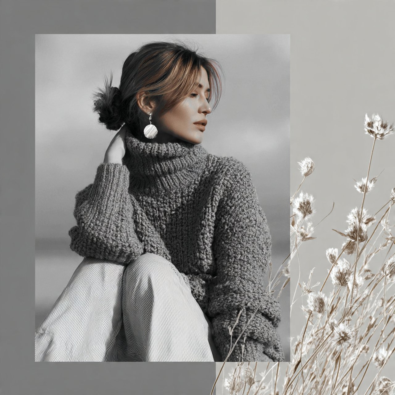 create a woman image wearing monochrome knit ensem