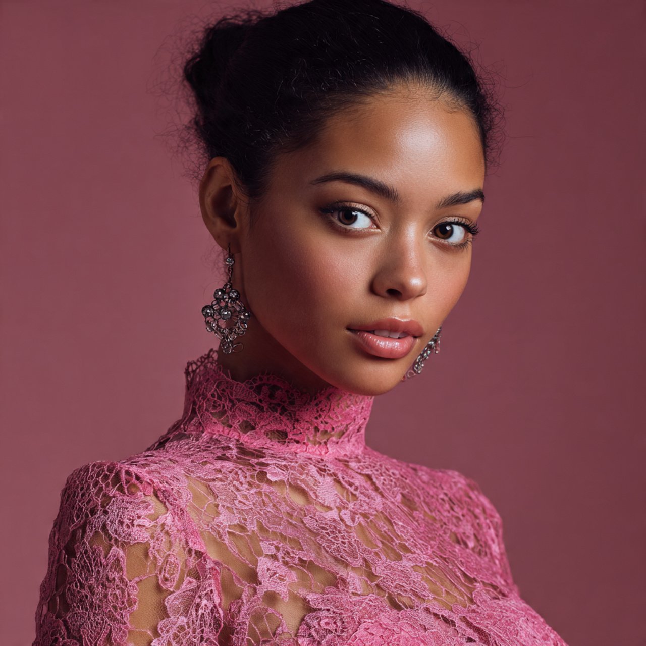 create a woman image wearing pink lace overlay dre