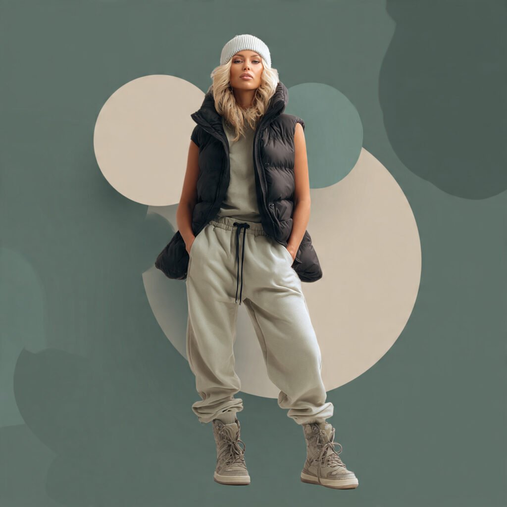 create a woman image wearing puffer vest joggers w 1