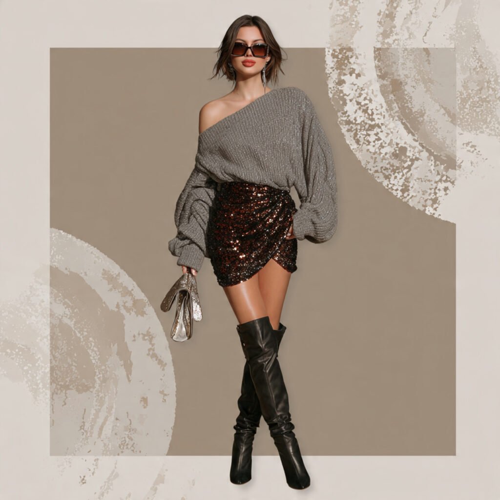 create a woman image wearing sequin skirt oversize