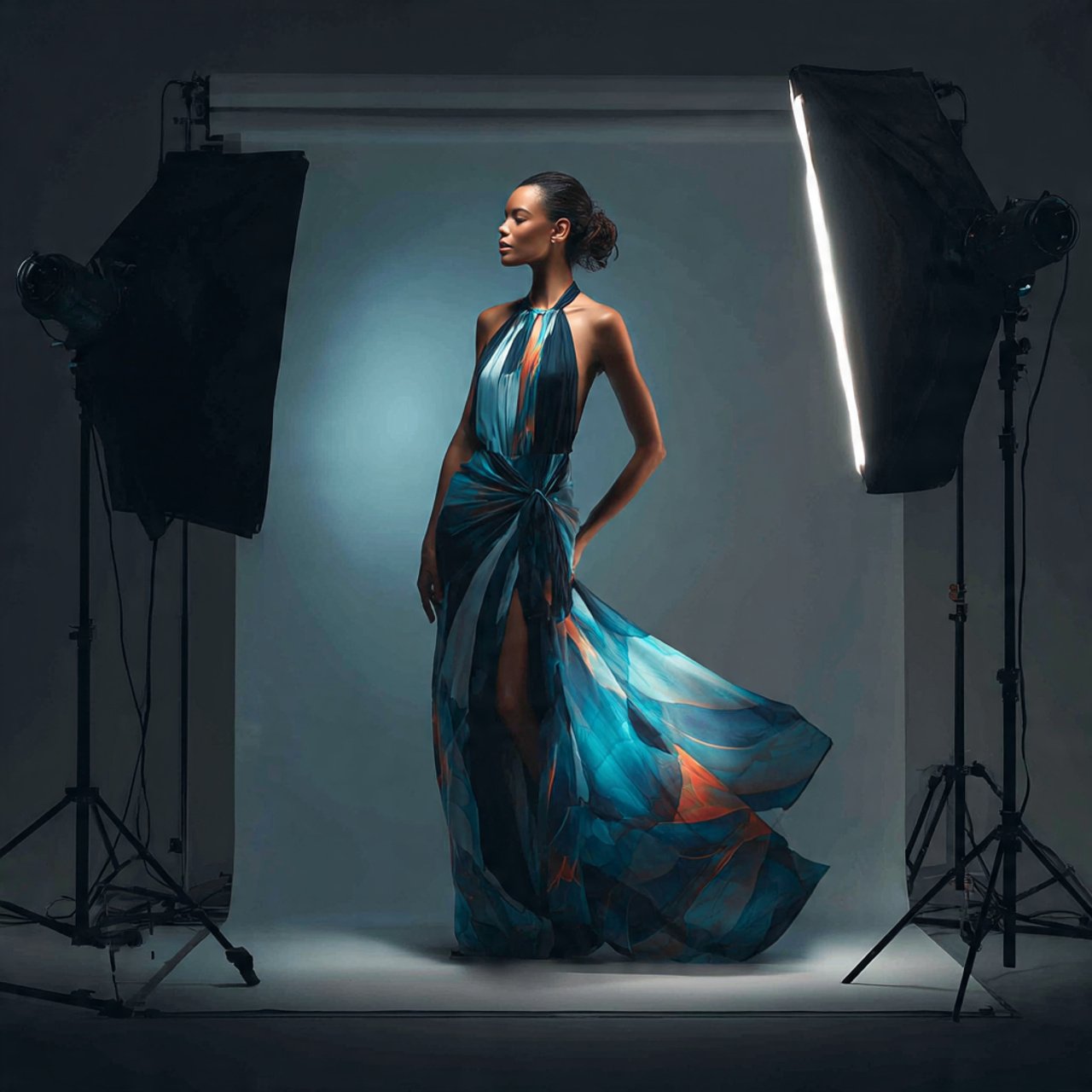 create a woman image wearing silk halter neck dres 1