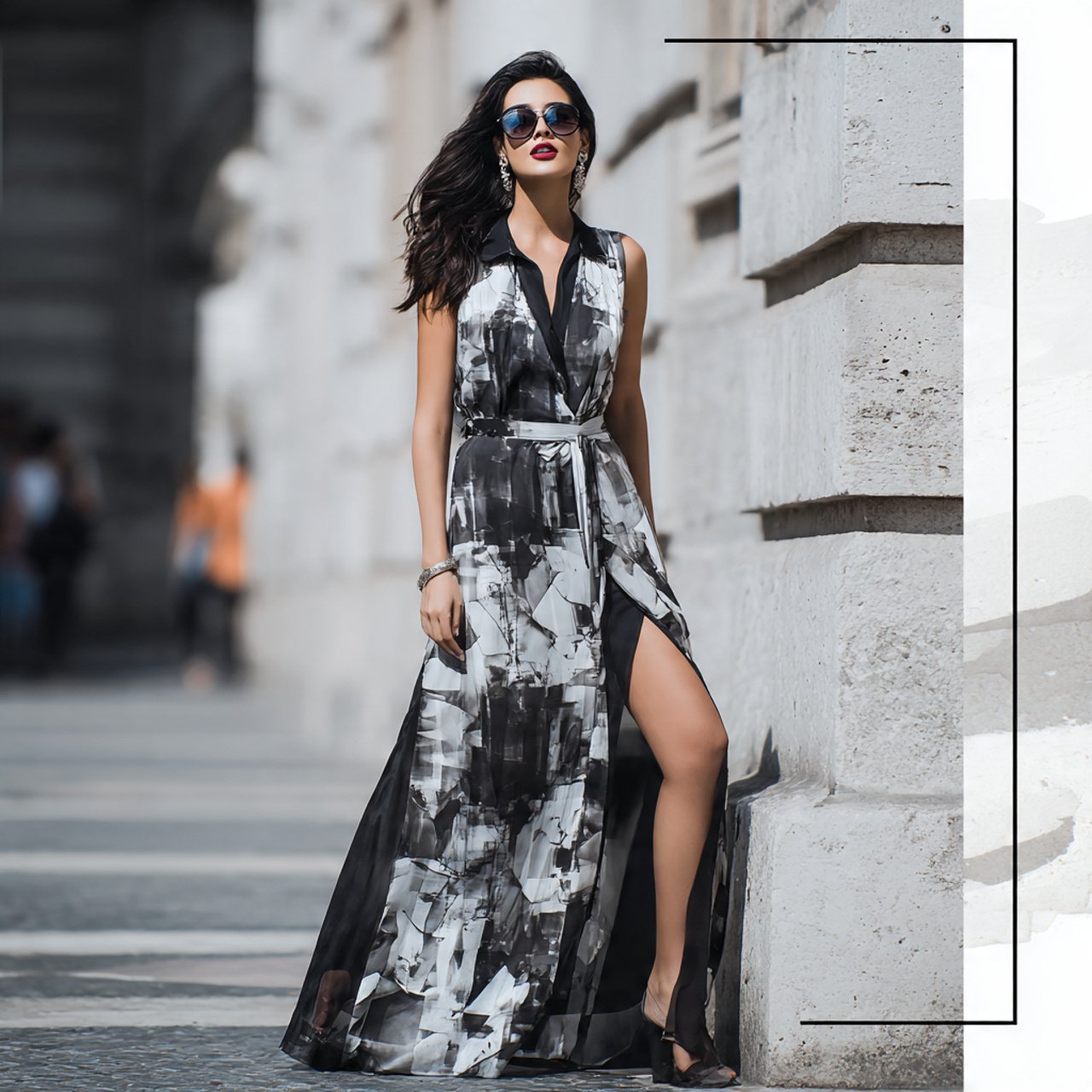 create a woman image wearing sleeveless maxi dress