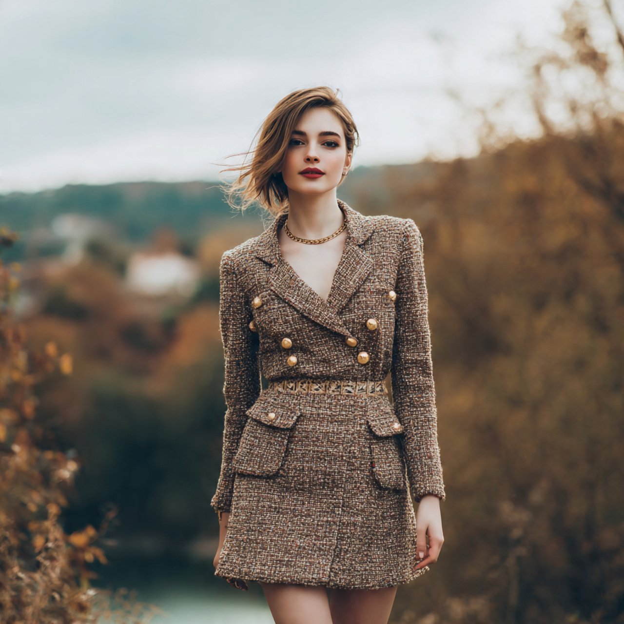 create a woman image wearing tweed mini dress with