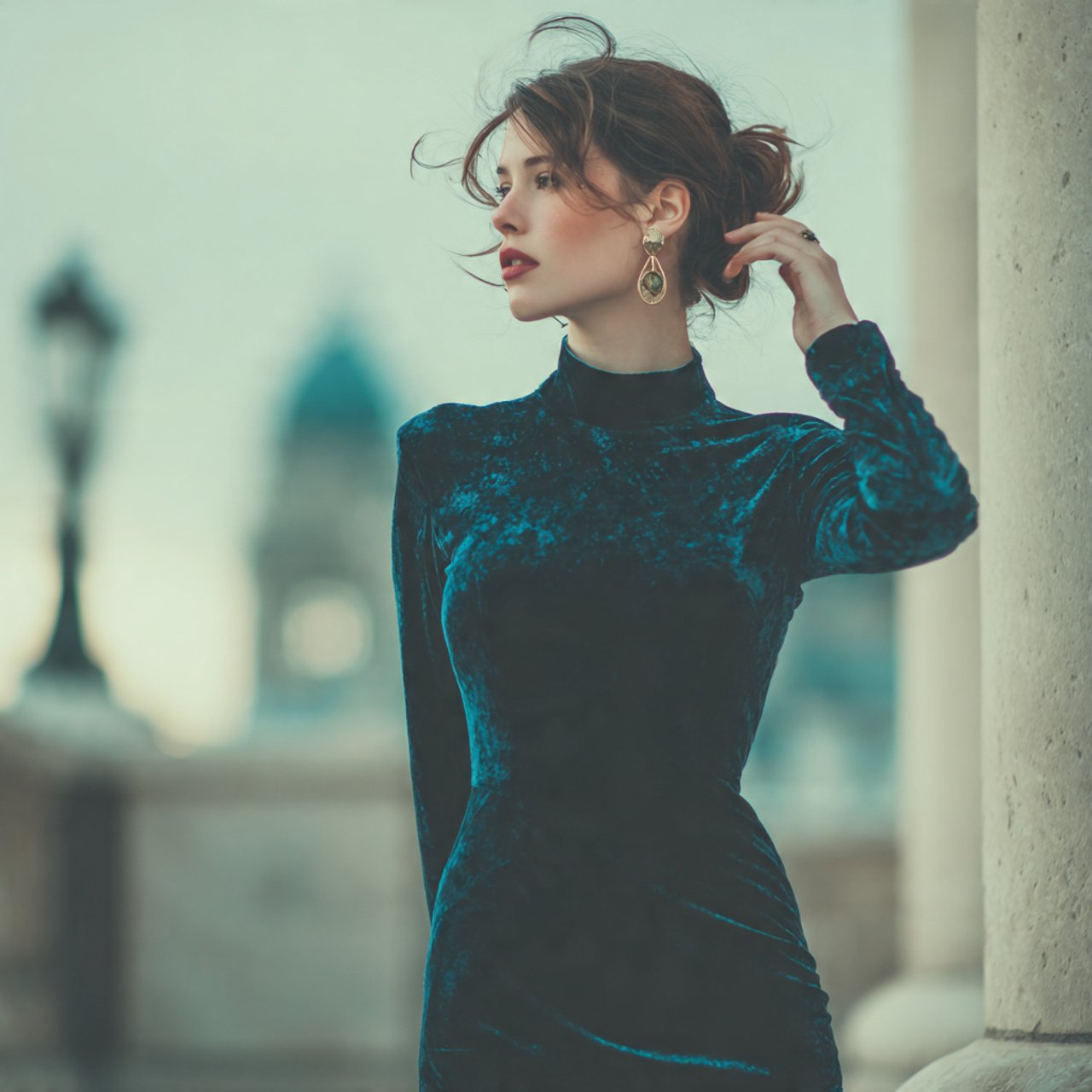 create a woman image wearing velvet column dress w