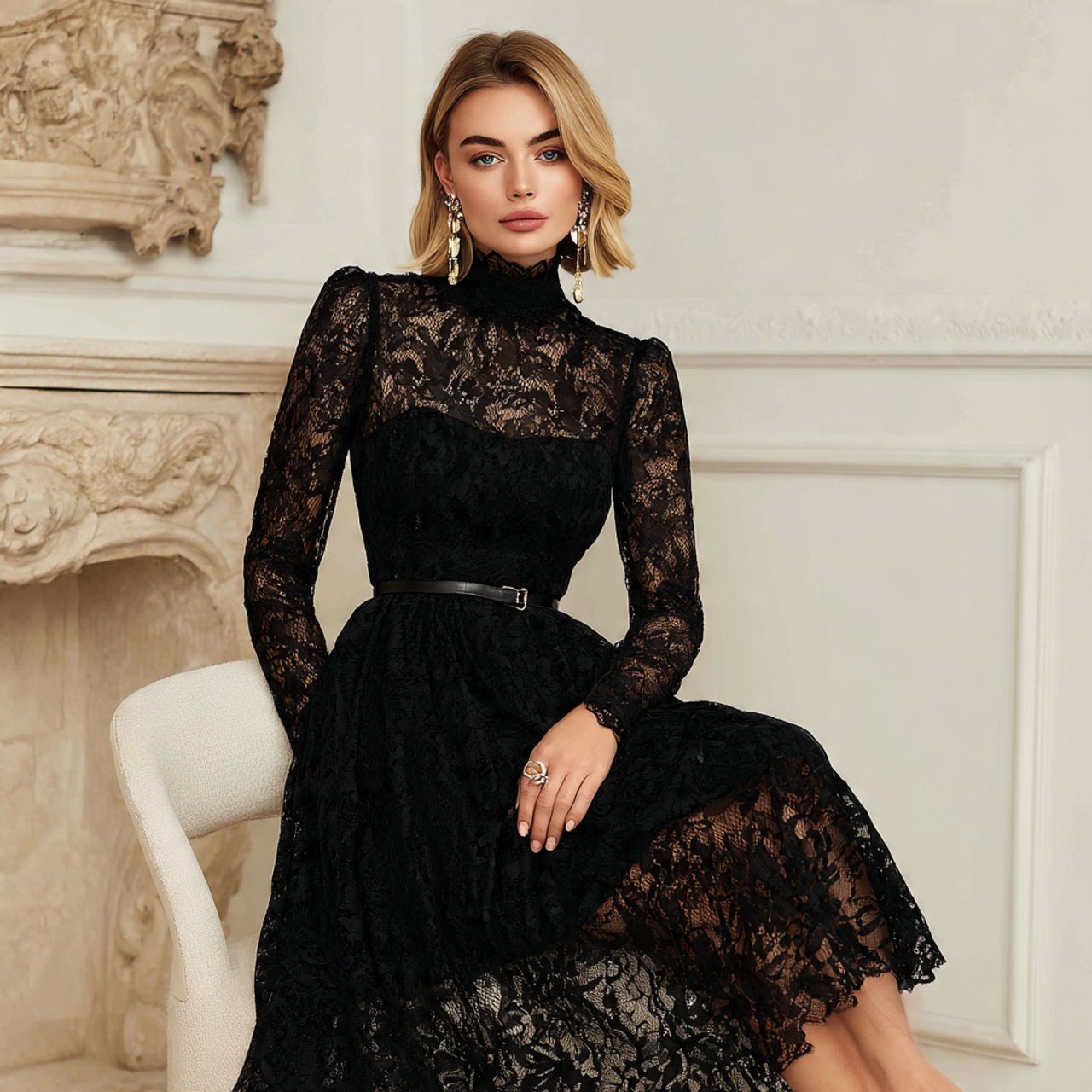 create a woman image wearinga classic black lace m